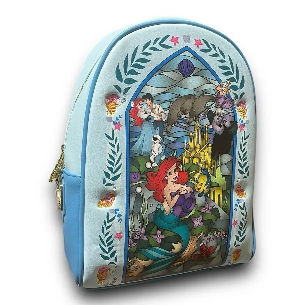 LOUNGEFLY Disney Little Mermaid Stained Glass Backpack Ursula Flounder Ariel - Picture 1 of 9